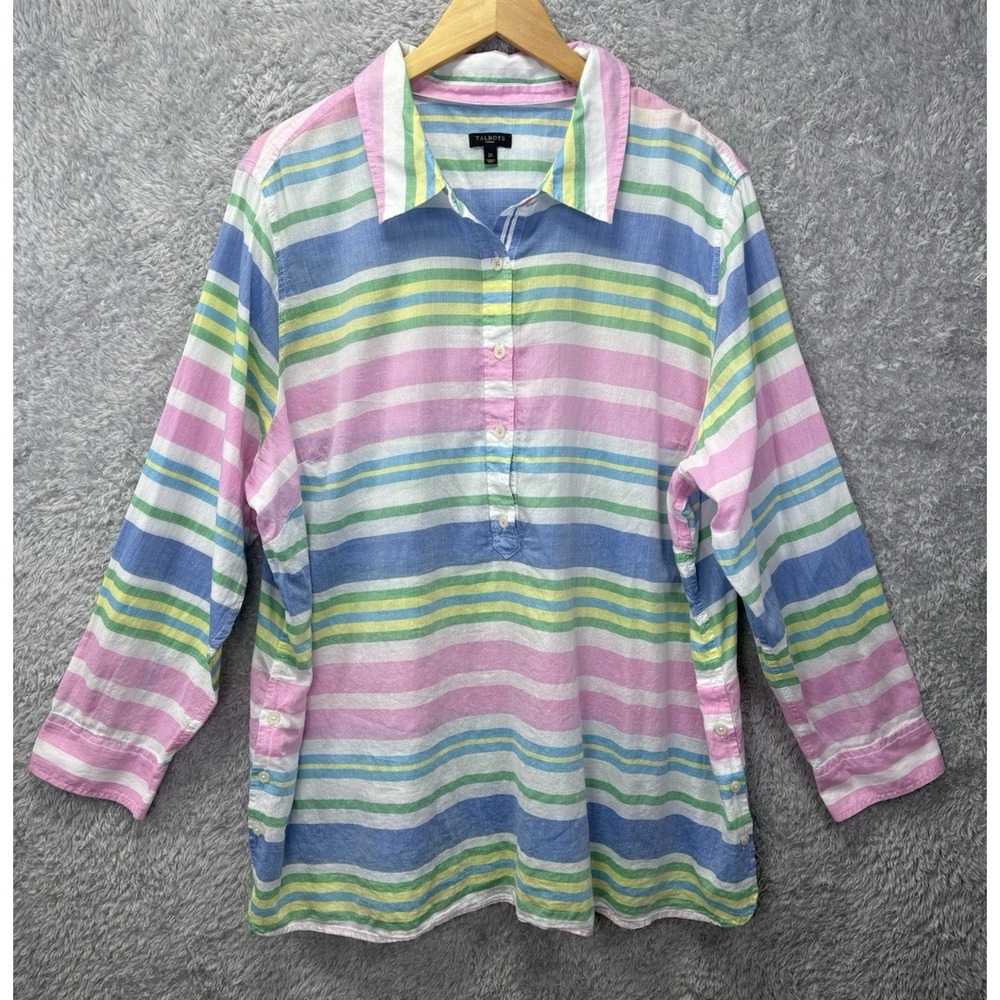 Talbots Women's 3X Popover Top Beach Club Stripe Collared Long Sleeve Shirt